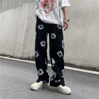 full flower print vibe style casual mens jeans pants harajuku straight patchwork ripped oversize denim trousers harajuku