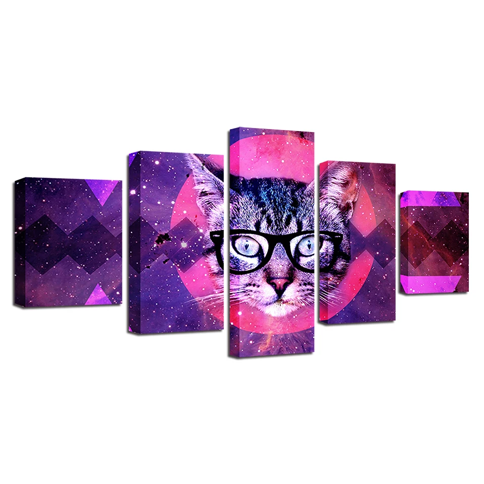 

Wall Art Decor Frame Modern 5 Pieces Abstract Red Moon And Animal Cat Glasses Pictures HD Printed Poster Modular Canvas Painting