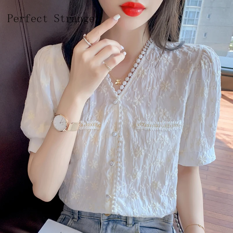 

2021 LeisureWomens Tops and Blouses Short Sleeve Shirts Women V Collar Chiffon Women's Blouse Vintage Top Female