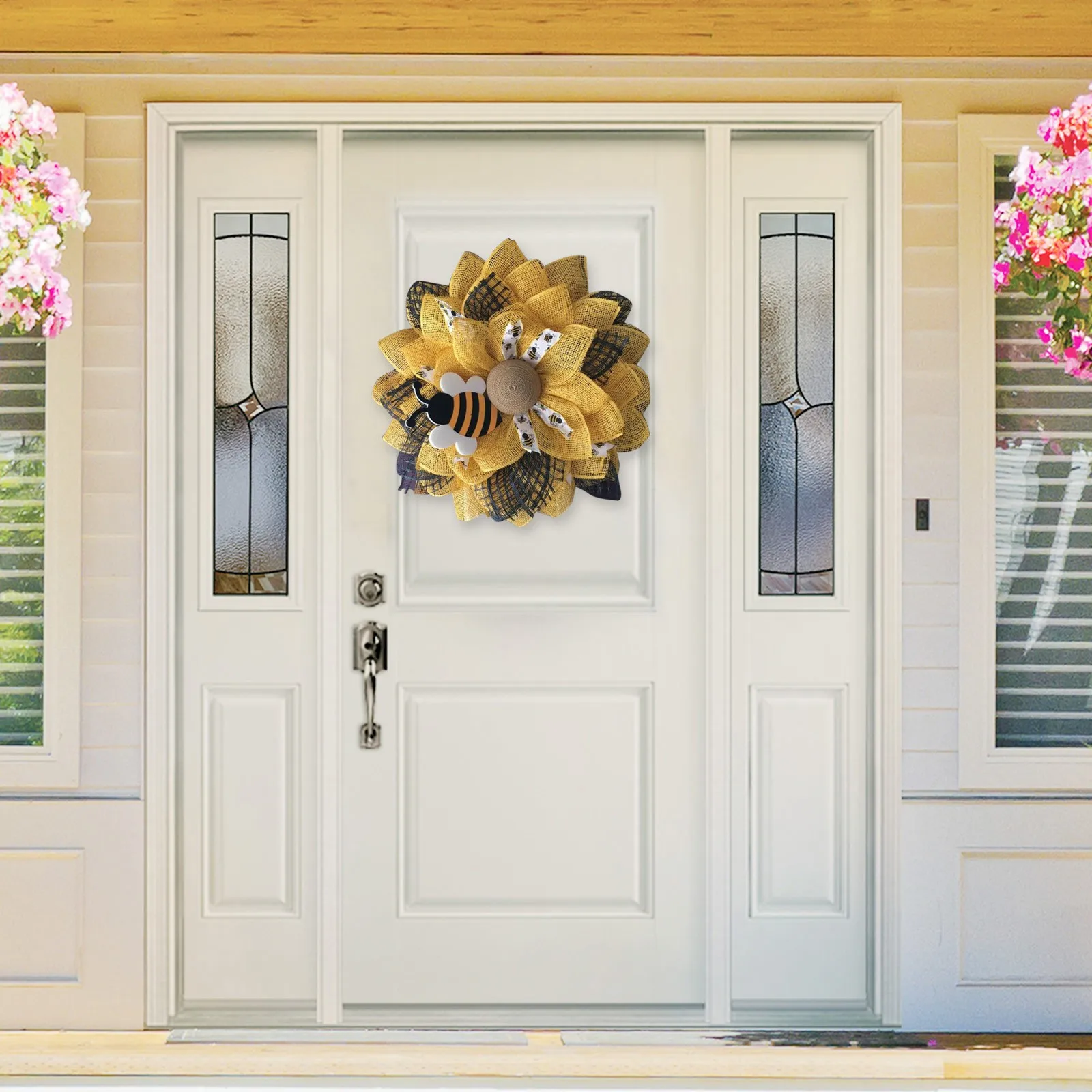 

Simulation Leaf Bee Sunflower Wreath Artificial Garland Hanging Pendants Party Yellow Green Leaves For Front Door Decoration