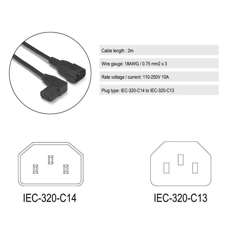 IEC C14 to C13 AC Power Cable 2m 0.75mm Cisco Angle Right UPS Extension Cord For PDU PC Computer Monitor TV |