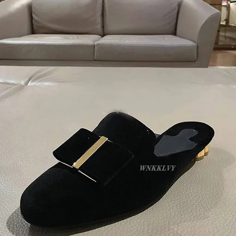 

Summer Slippers metal low heel lazy Mules velvet bow-bnot lazy loafers flipflops party vacation leisure Shoes outdoor sandals