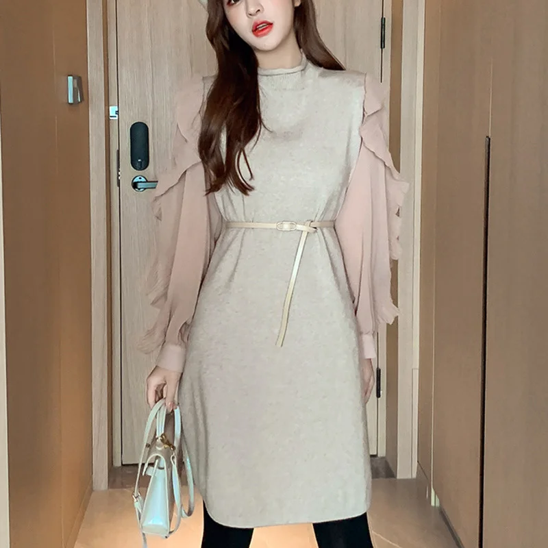 

Mini-dressed Casual Female Sweater with Frilly Frills, Chiffon Mesh Dress with Turtleneck High, Knitting Dress for Women,