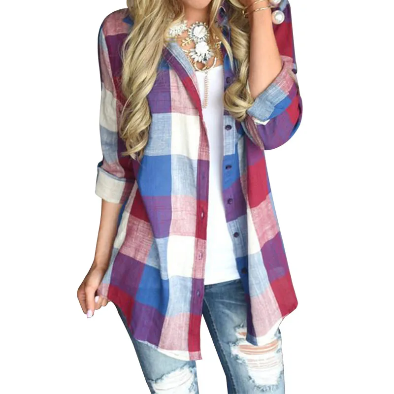 

Womens Summer Plaid Top Plus Size Clothes Turn Down Collar Long Sleeve Woman Shirts Streetwear Ladies Tops And Blouses