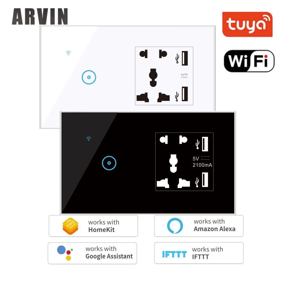 

WiFi Tuya Smart Switch 5 Holes with USB Universal Socket 1 Gang Touch Wall Light Switch Work with Alexa Google Home