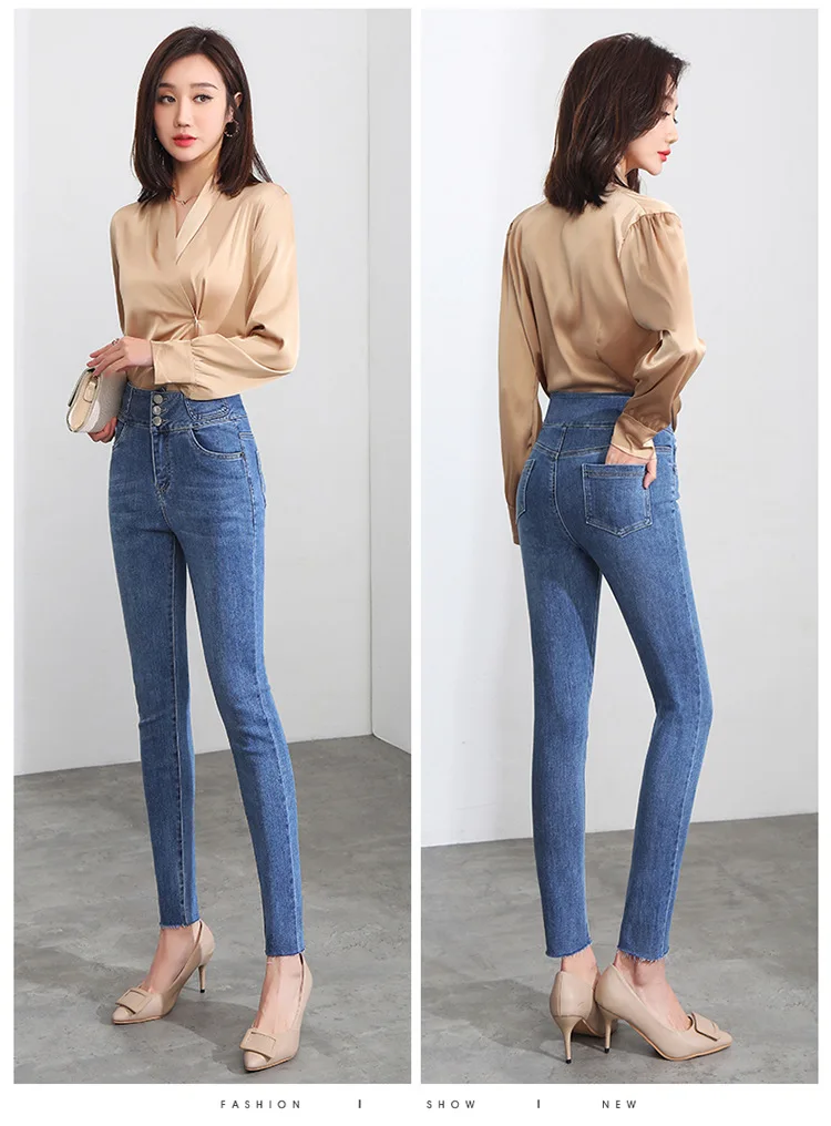 

Women Jeans High Waist Slim Casual Skinny Denim Pants Office Lady Elegant Chic Plus Size Korean Jean Trousers Pencil Pants 8912