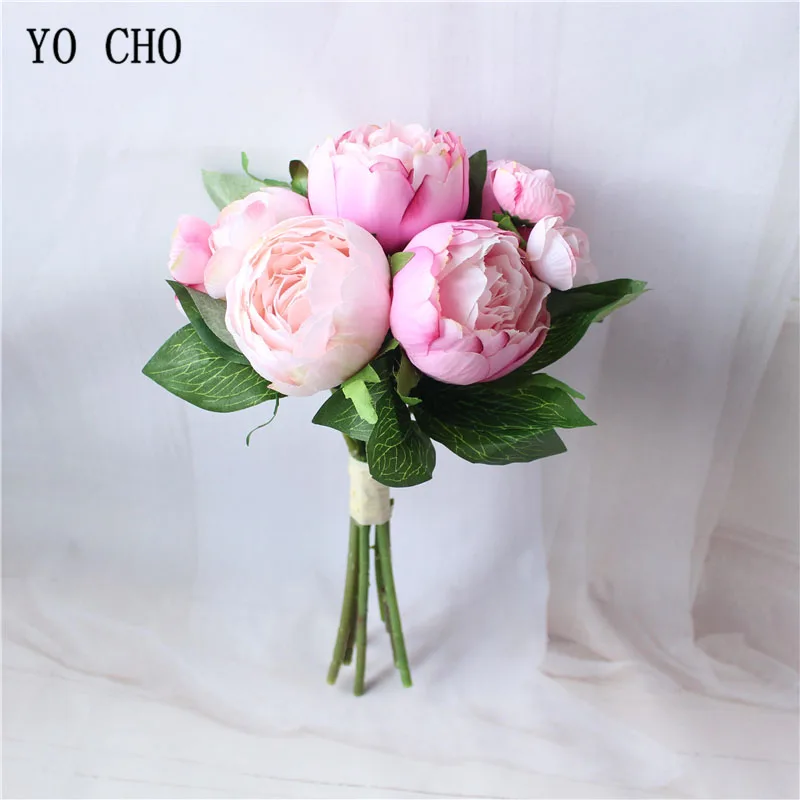 D-pink YO CHO Свадебный букет невесты, букет невесты, свадебные принадлежности, искусственный шелк, роза, пион, розовый цветок, украшение стола - Цвет: D-pink