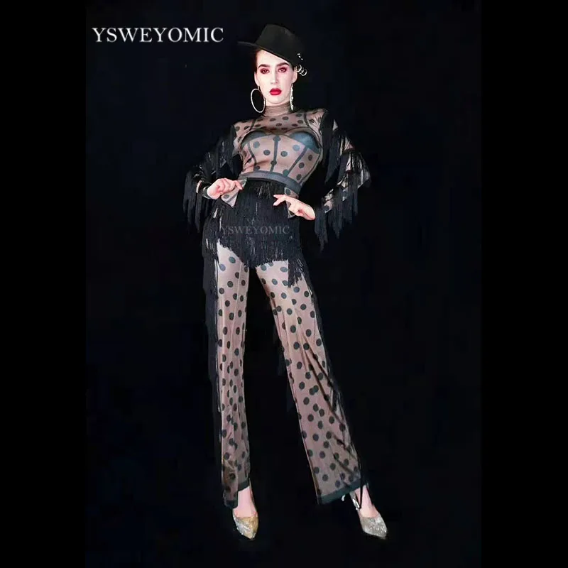 Женский комбинезон с бахромой черный/телесный в горошек большие леггинсы для