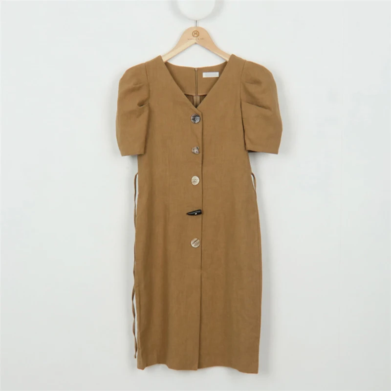 

Mazefeng Summer Cotton and Linen Women Dress Puff-sleeve V-neck Single-breasted Lace Up Female Dress Casual Vestidos Femme 2020