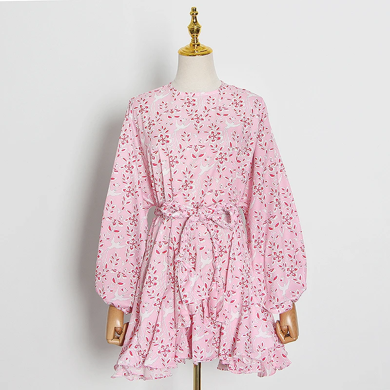 

TWOTWINSTYLE Casual Print Dresses Female O Neck Lantern Long Sleeve High Wiast Lace Up Pleated Hem Mini Summer Dress Women Tide