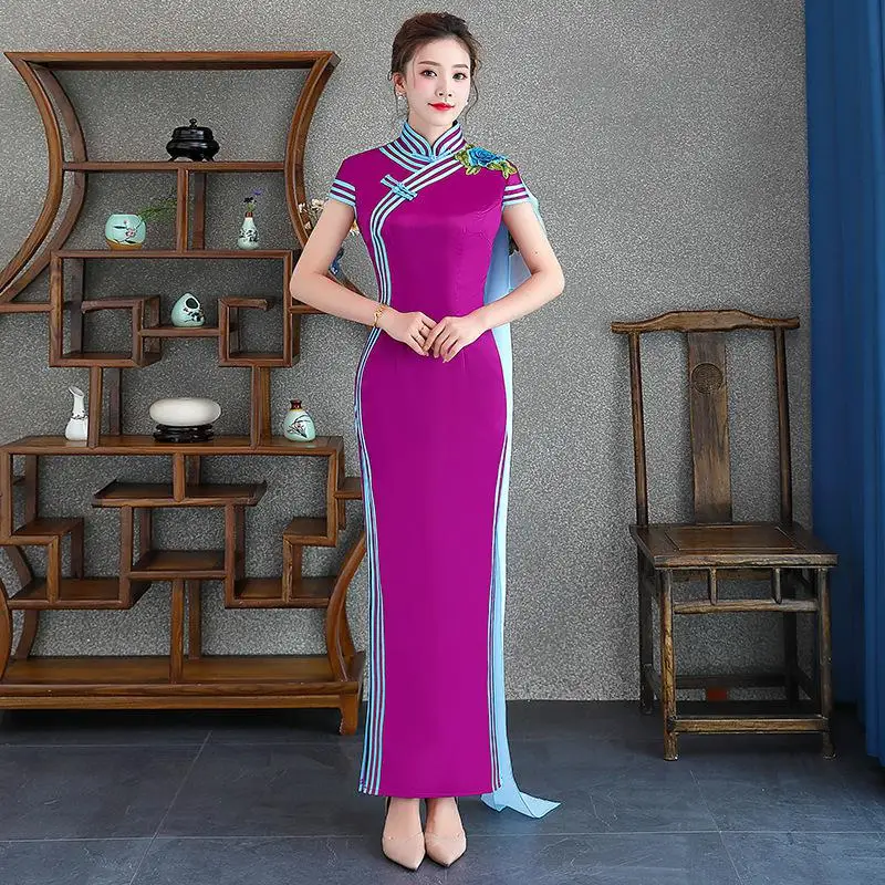 

Red Vintage Womens Cheongsam Halter Short Sleeve Party Dress Wedding Elegant Prom Qipao Long Ball Gown Retro Vestido XS-XXXL