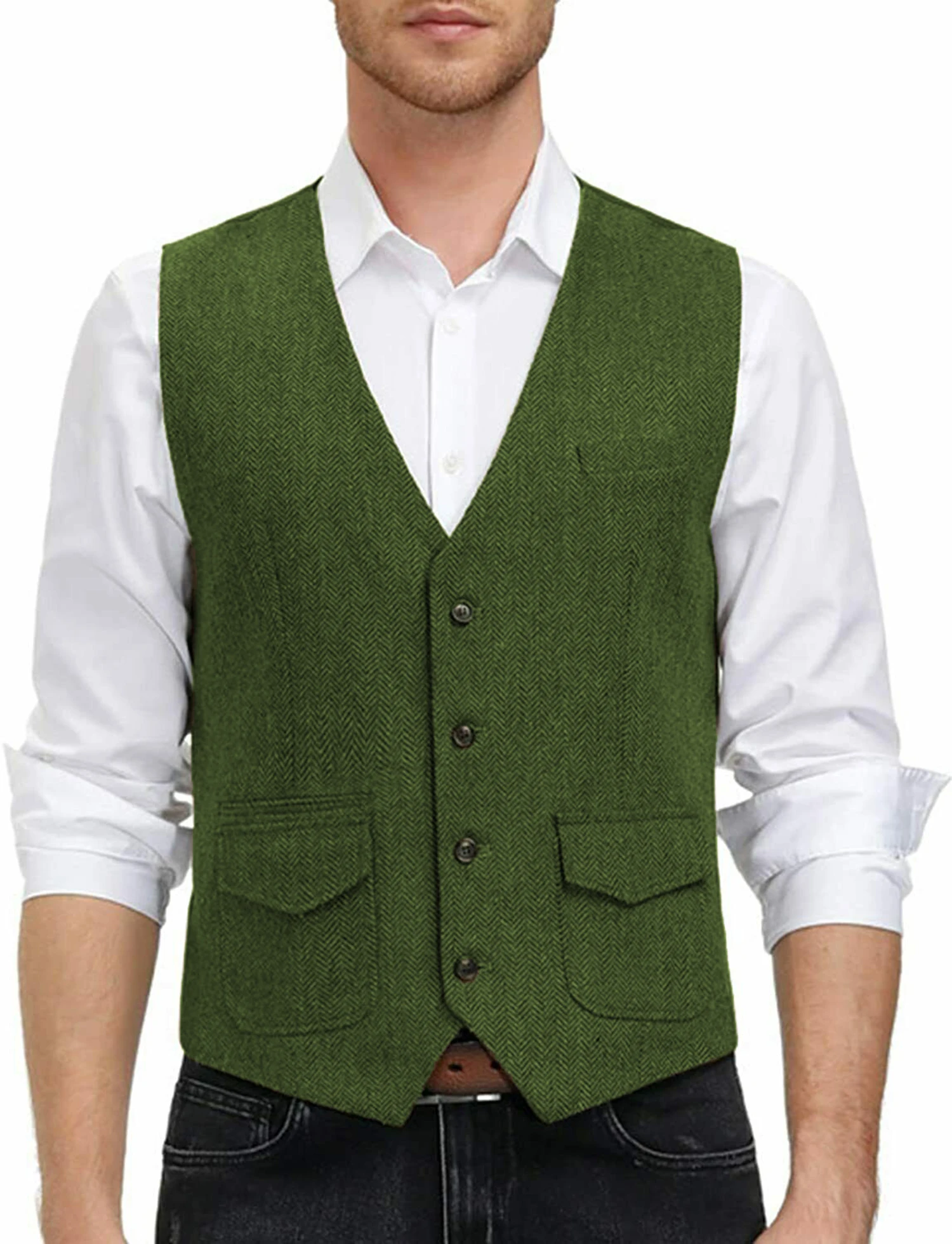 Men's Vest Brown Wool Herringbone V Neck Two Pockets Black Waistcoat Casual Formal Business Groomman For Wedding Dress 2021 | Мужская