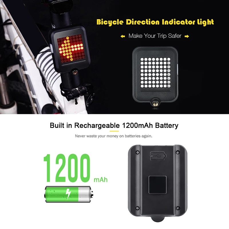 Bicycle Turn Signal LED Lights Brake Taillight Warning Lamp Rear Light Auto Direction USB Charging for MTB Road Bike Parts | Спорт и
