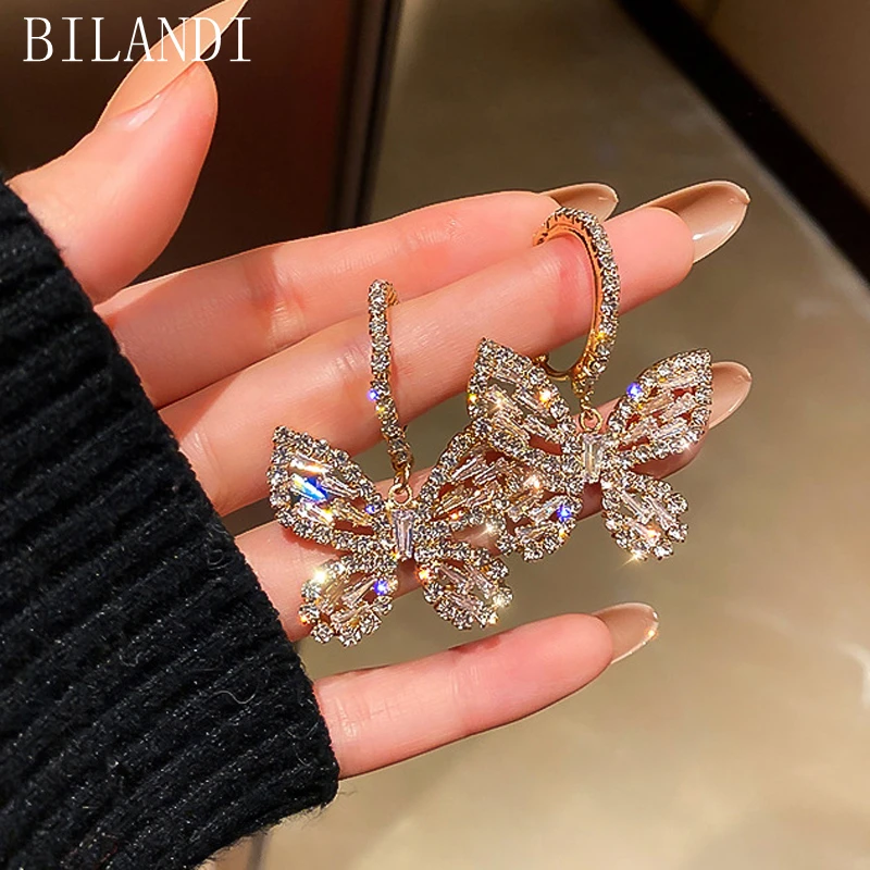 

Bilandi S925 needle Delicate Jewelry Colorful Butterfly Earring Fairy Spring Summer Shiny Crystal Dangle Drop Earrings For Women