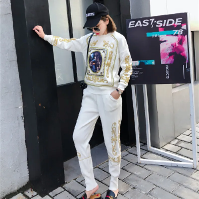 2020Fashion 2 piece set women tracksuit Winter New Flower Long Sleeve Sweater+Casual Pants Two Pieces Knitting Pants Suit Autumn enlarge