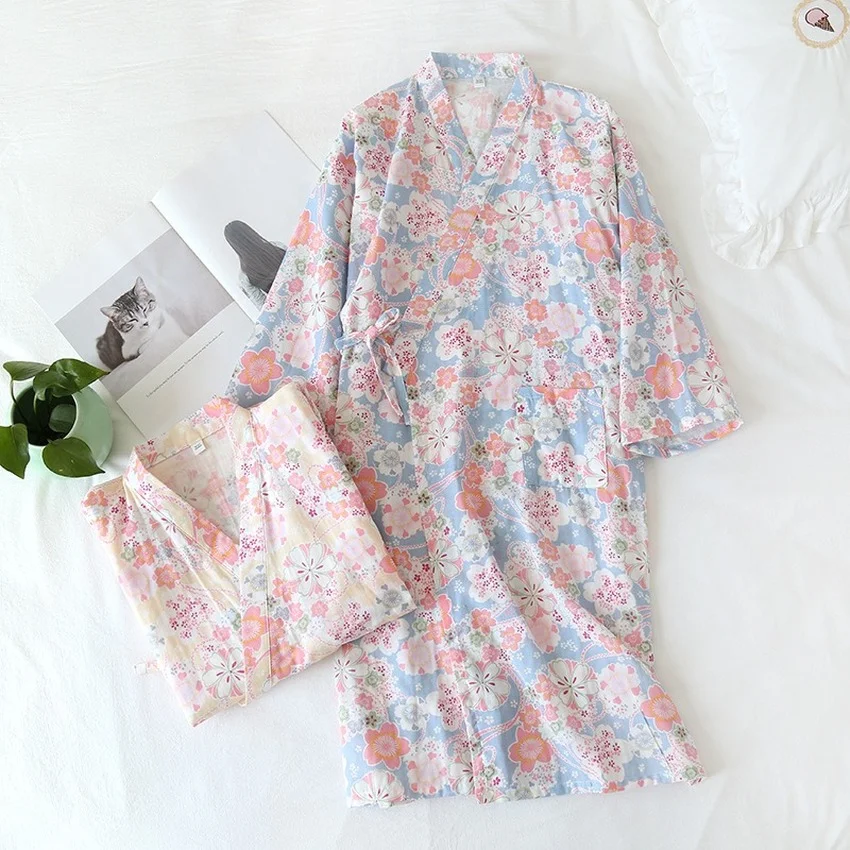 

Girls Kawaii Kimono Yukata Sleepwear Nightgown for Women Summer Robe Bathrobe Japanese Style Floral Print Dress Short Sleeve