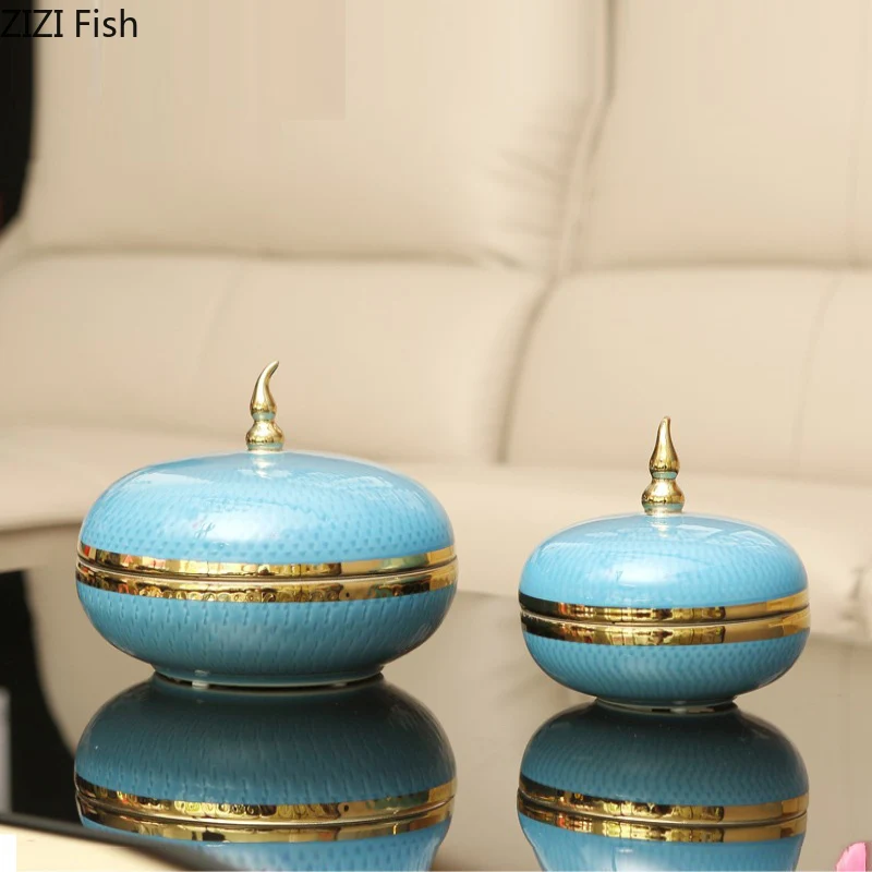 

European Luxury Storage Tank Decorative Ceramic Ornaments Sky Blue Candy Cans with Lid Storage Tank Living Room Office Crafts