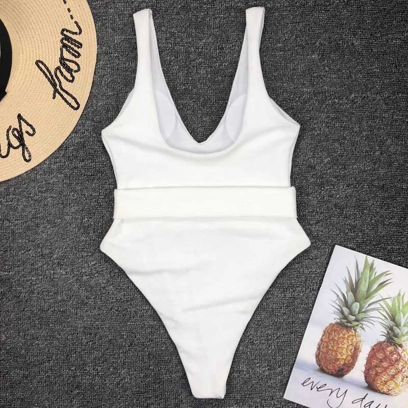

Ribbed White Swimwear Women 2020 Belt Sexy Female Halter One Piece Swimsuit Bather Waist Band Bathing Suit Swim Wear Monokini