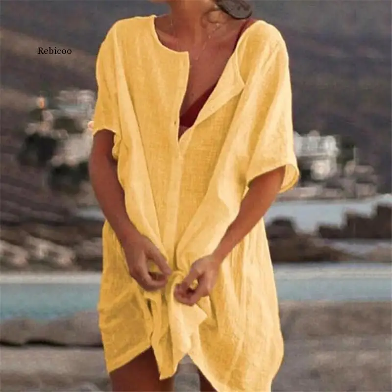 

Summer Women's Blouse Beach Coverup Women's Short Sleeve Long Shirt Casual Loose Solid Color Plus Size Beach Coverup Dress