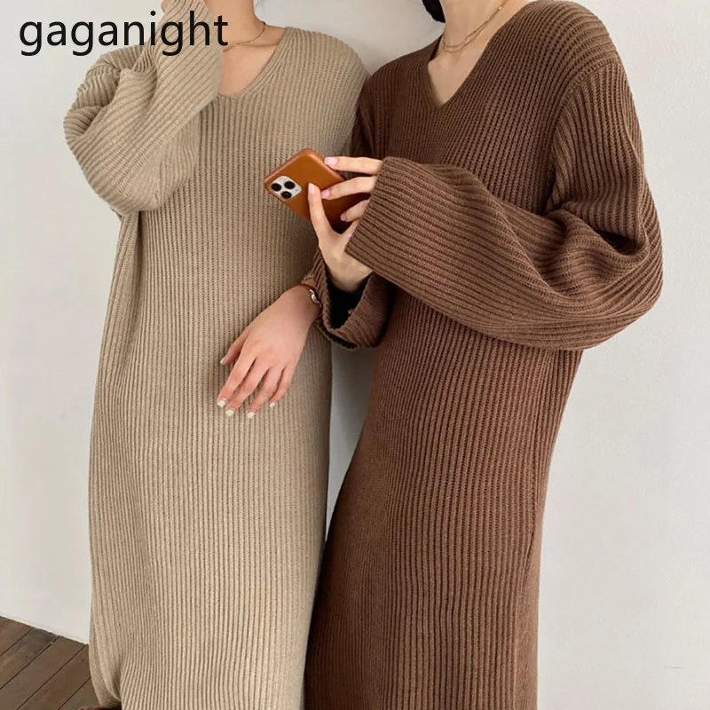 

Gaganight, Женский Однотонный свитер, длинное платье, Осень-зима, Модные свободные эластичные платья, Толстые платья с подошвой, новинка 2021 года, ...