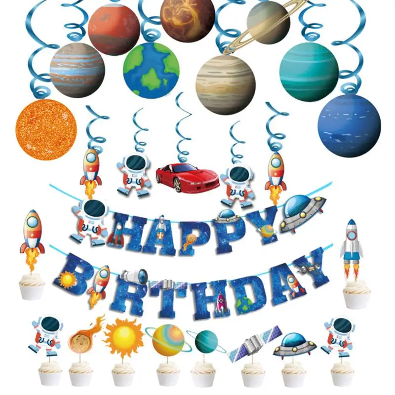 

Happy Birthday Banner Space Theme Astronaut Rocket Outer Space Glitter Galaxy