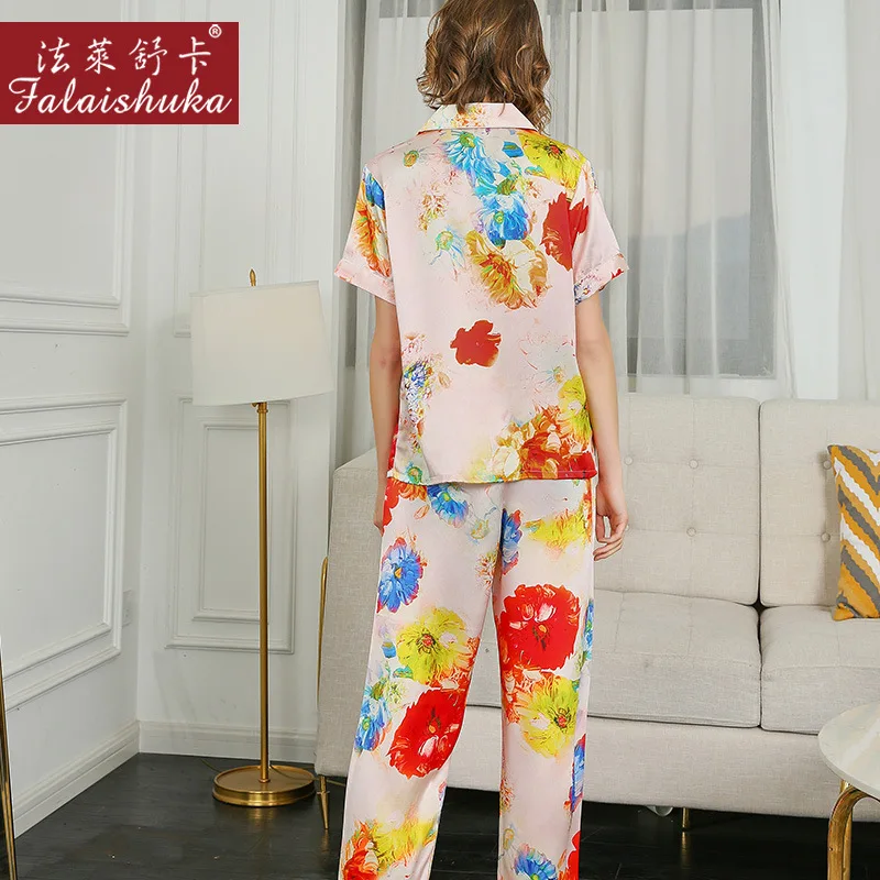 100% Natural Silk Pajama Sets Female Summer Real Silkworm Silk Sleepwear Short Sleeve Printed Women Pyjamas T8239