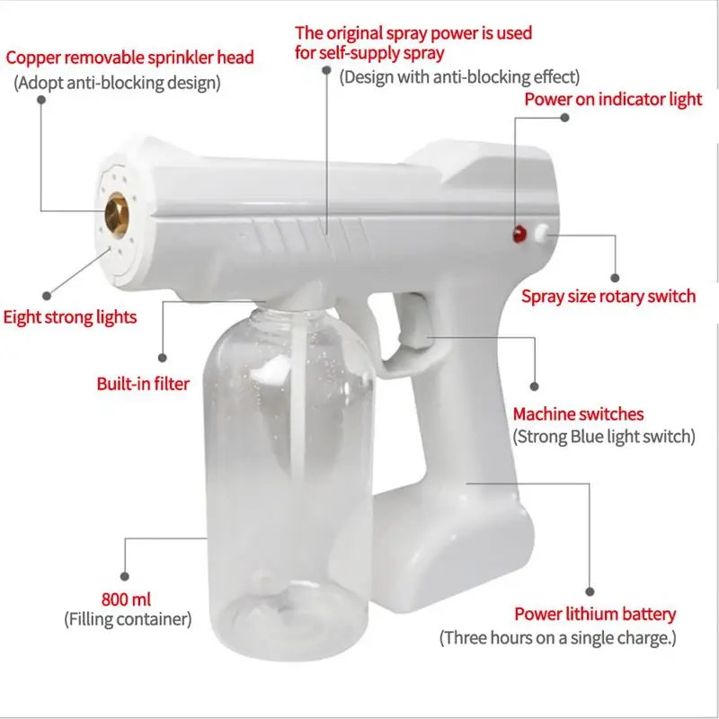 

Wireless Gun Disinfectant Sprayer Handheld Nebulizers Sanitizing Blue-Ray Nano Steam Spray Distance Sprayer Large Capacity