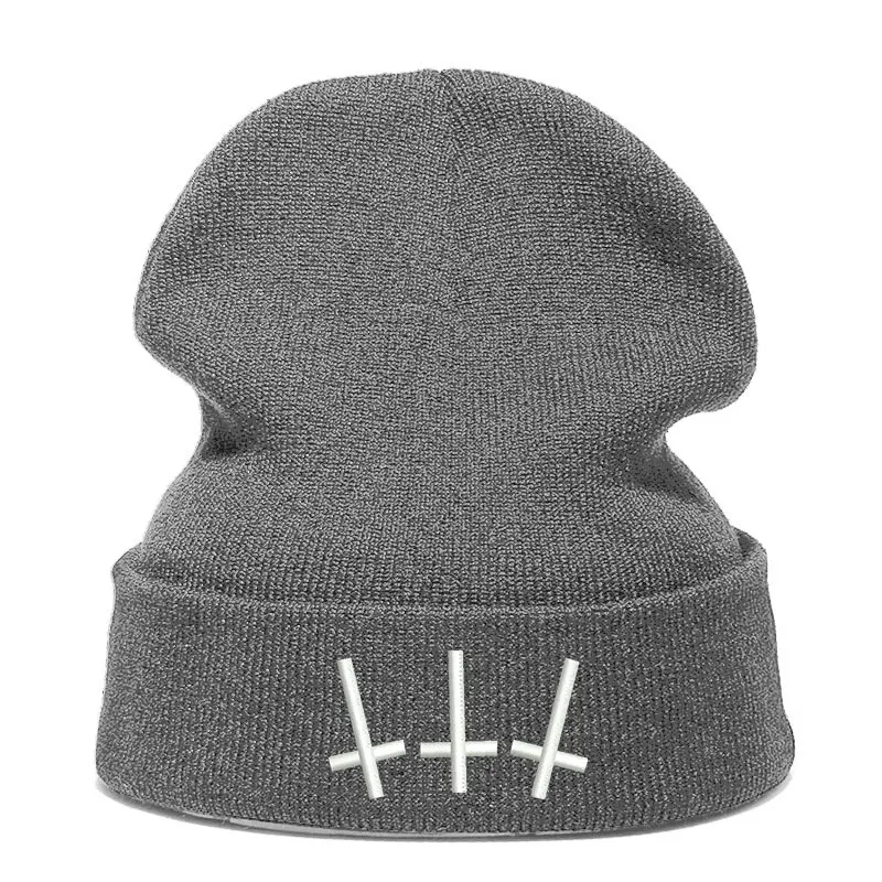 Beanie шляпа Skullie шапка, вязаная шапка-носок зима-осень вышивка в стиле панк Для мужчин Для женщин подростков уличных танцев забавные по заказу покупателя хип-хоп-крест - Цвет: Серый