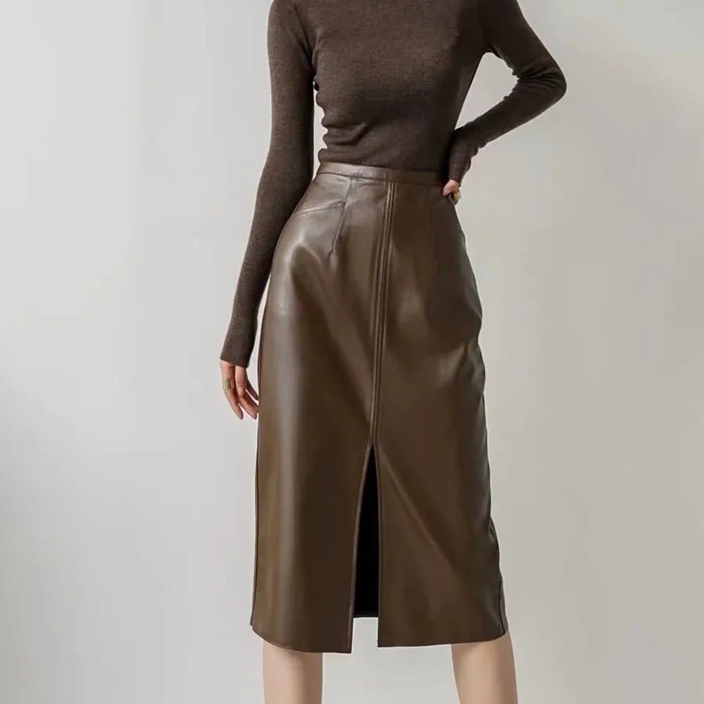 

BBWM 2021 Women Vintage Casual Elegant PU Skirt Female Fashion Streetwear Slim Split Hight Waist Midi Skirts Chic Bottoms