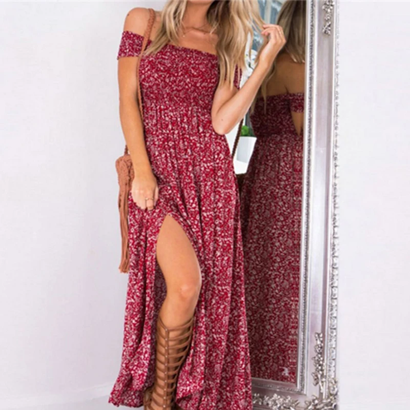 

Женское асимметричное платье с высокой талией, с воротником «одно слово», с разрезом, модное свободное повседневное, лето 2021