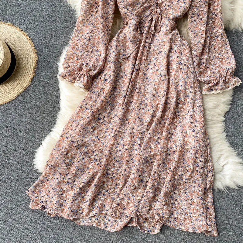 

Women Bohemian Floral Dress Sweet Lace Ruched V Neck Puff Sleeve A-line Dresses Autumn Drawstring French Print Dress