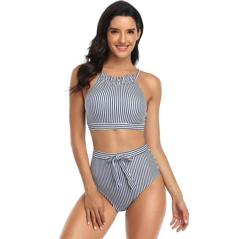 

Stripe Swimsuit Women 2 Pieces Bikinis 2020 New High Waist Bikini Push Up Sexy Cute Swimwear Bowknot Fashion Bathing Suit