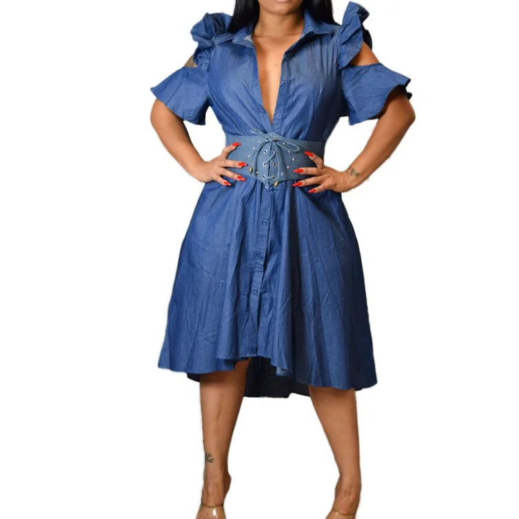 

Women solid blue sexy denim dress lady short sleeve ruffles sexy women dress vestidos midi dress
