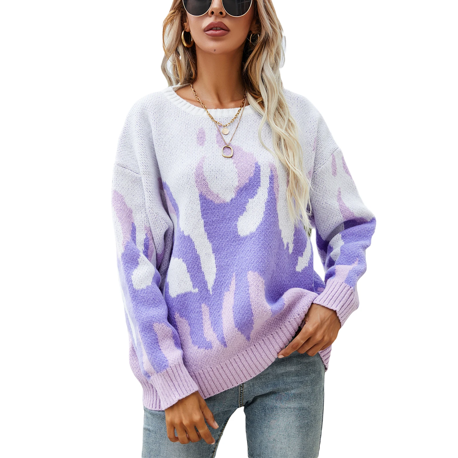 

Women Printed Knit Sweater, Adults Loose Color Block Long Sleeve Round Neck Pullover
