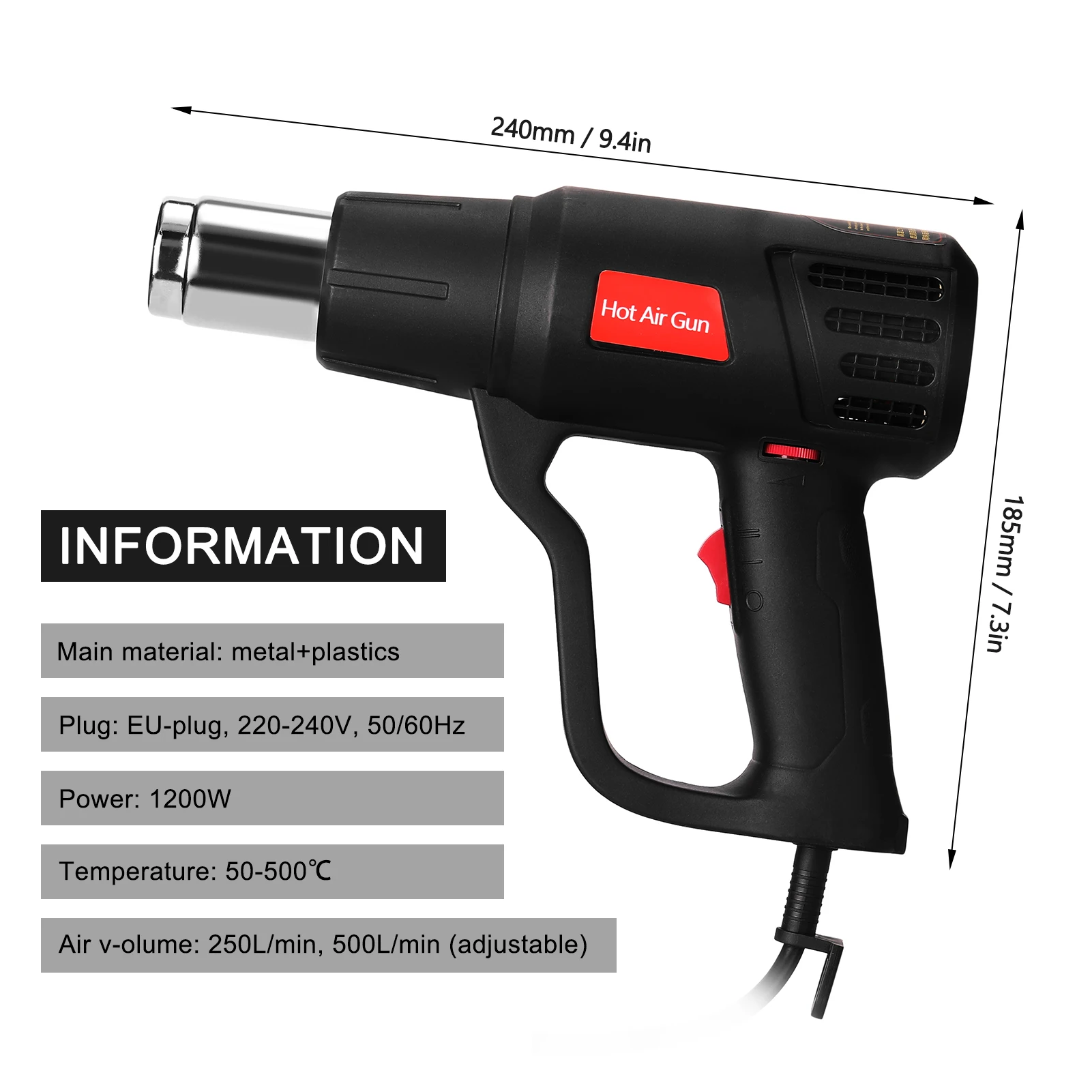 

1200W Portable Electric Hot Air Machine Dual Wind Speed Stepless Thermostat Film Heating 50-500 Adjustment Hot Air Power Tool