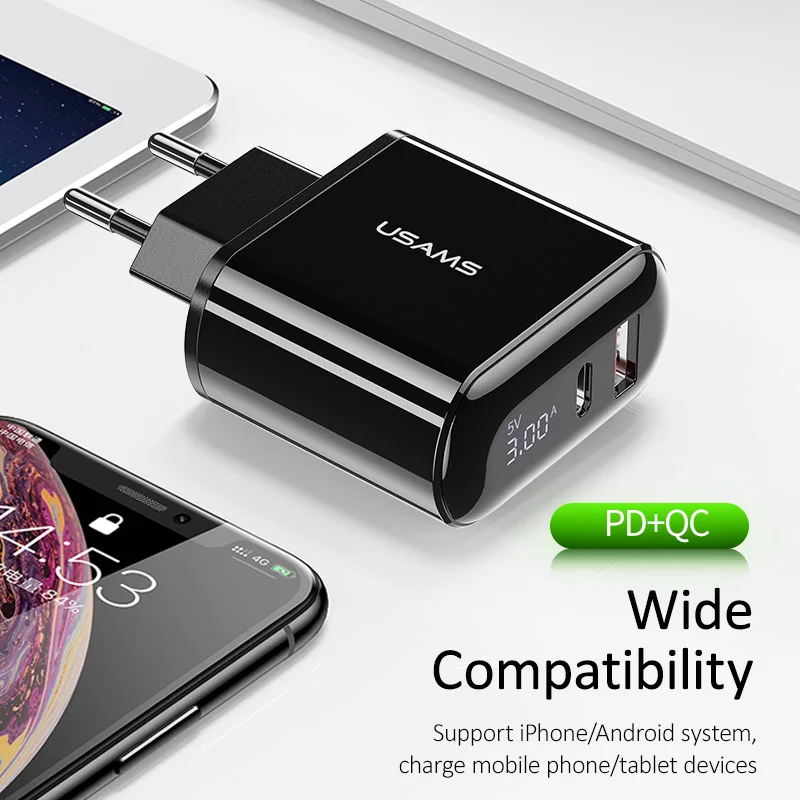 USAMS 5V 3A 18W PD QC 3.0 EU Plug Fast Charging Mobile Phone Charger For iPhone 12 11 X Huawei Xiaomi Samsung Travel | Мобильные