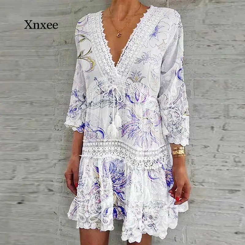Lace V Neck Patchwork Summer Dress Women Three Quarter Sleeve Tassel Party Elegant Floral Print Hollow Out white tassel | Женская одежда