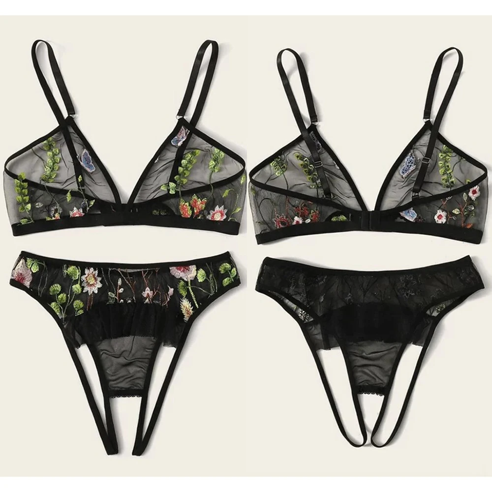 

Not Women's Lace Embroidered Underwear Underwire Gather Bra And Panty Set Thin Mesh See-through Sexy Erotic Lingerie Thong Set