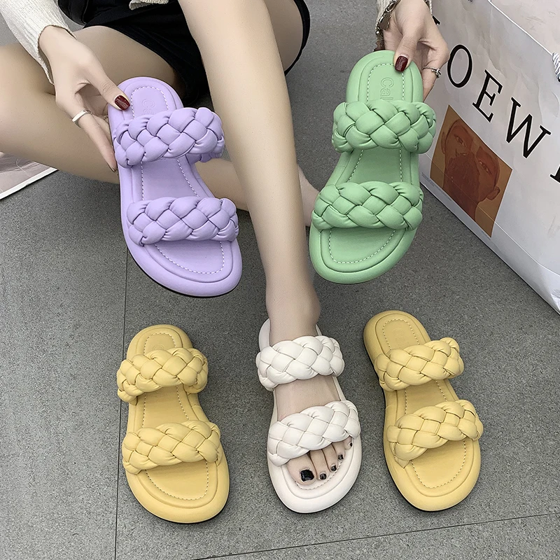 

2021 New Purple Bread Cross Flip Flops Women Platformform With Summer Slippers Fashion Peep Toe Women Mules Slides