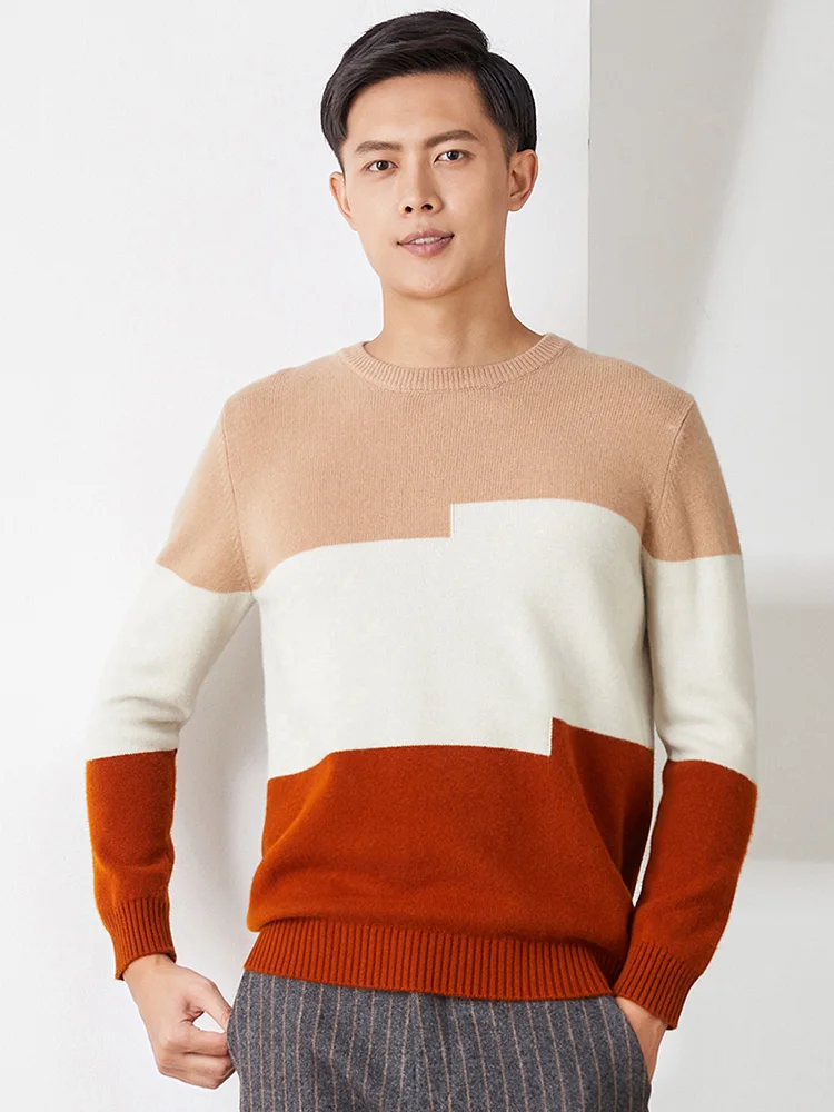 

100% pure wool men's cashmere sweater casual hit color knitted O-neck pullover autumn and winter plus size base men's jacket