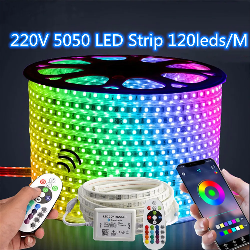 RGB светодиодные полосы света 220 в 120 светодиодный s/m высокой яркости водонепроницаемая лента приложение и пульт дистанционного SMD 5050 лента наружная комната украшение лампы
