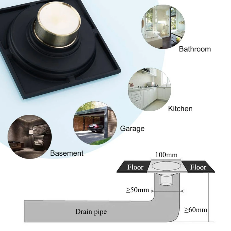 

4 Inch Square Shower Drain with Removable Cover Grate, Brass Anti Clogging and Odor Point Floor Drain Assembly with Hair Catcher