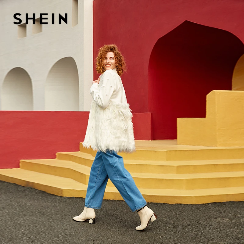 SHEIN Контрастное Пальто С Бусинами И Эко Мехом Стильное Пальто
