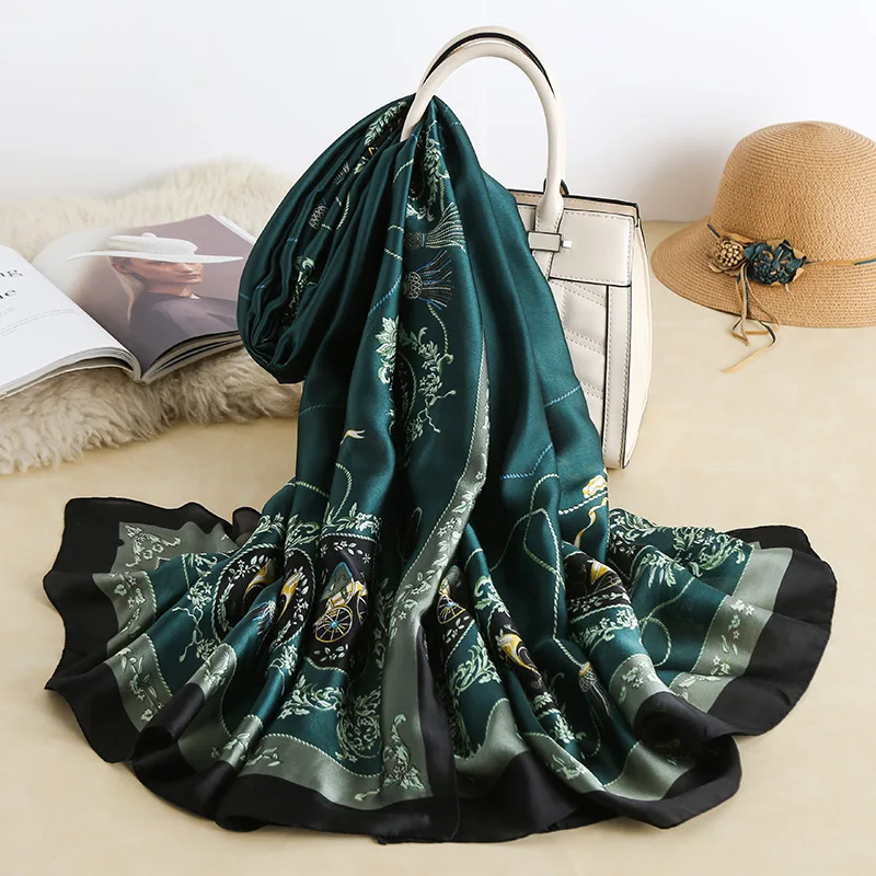 

Elegant Imitation Silk Scarf Women's Luxury Shawl Floral Print Ladies Long Hijab Silky Soft Wrap Sunscreen Sjaal 180cm*90cm