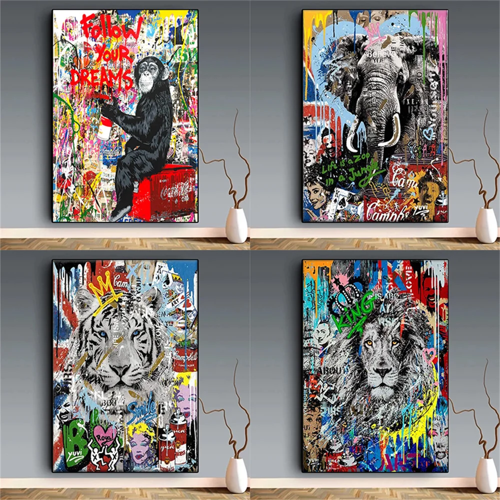 

Graffiti Art Animal Poster Monkey Elephant Tiger Pop Paintings on The Wall Canvas Posters and Picture for Living Room Home Decor