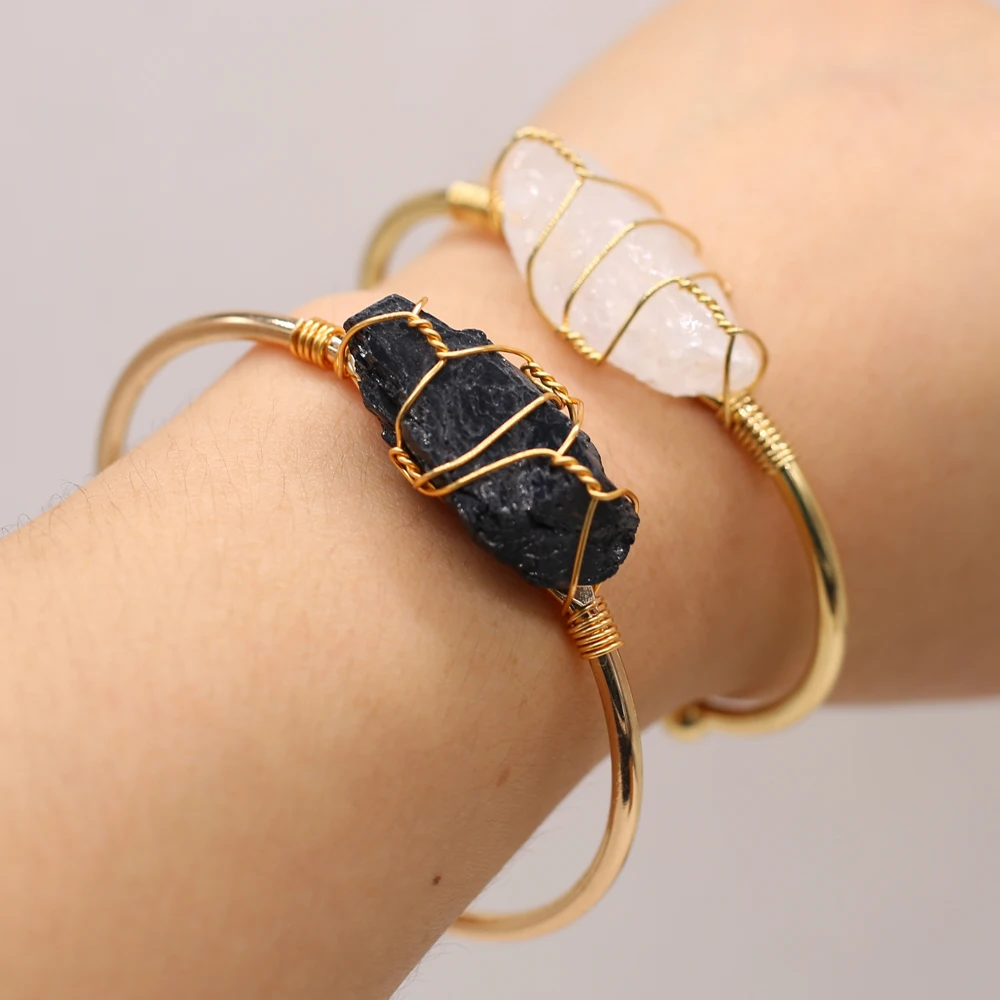 

Wire Wrapped Natural Raw Crystal Druzy Bangle with Gold Plating Irregular Rough Quartz Cuff Bangles Bracelet Fashion Jewelry