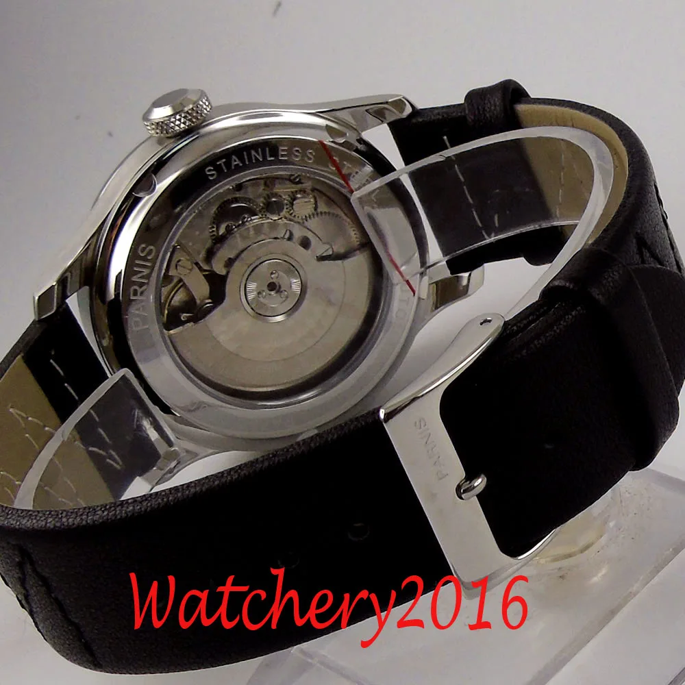Автоматические механические мужские часы parnis 43 мм черный циферблат резерв