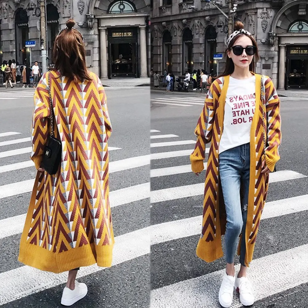 

Harajuku Knitted Cardigan Sweater Women Long Sleeved Geometric Pattern Loose Autumn Winter Women's Warm Oversize Long Coat Jacke