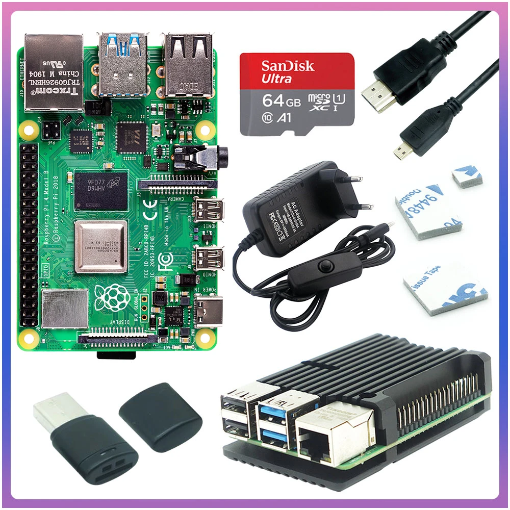 Kit original de Raspberry Pi 4 modelo B, 2GB, 4GB, 8GB, carcasa de aluminio, interruptor de alimentación 3A, compatible con HDMI, opción de tarjeta SD de 64 32GB