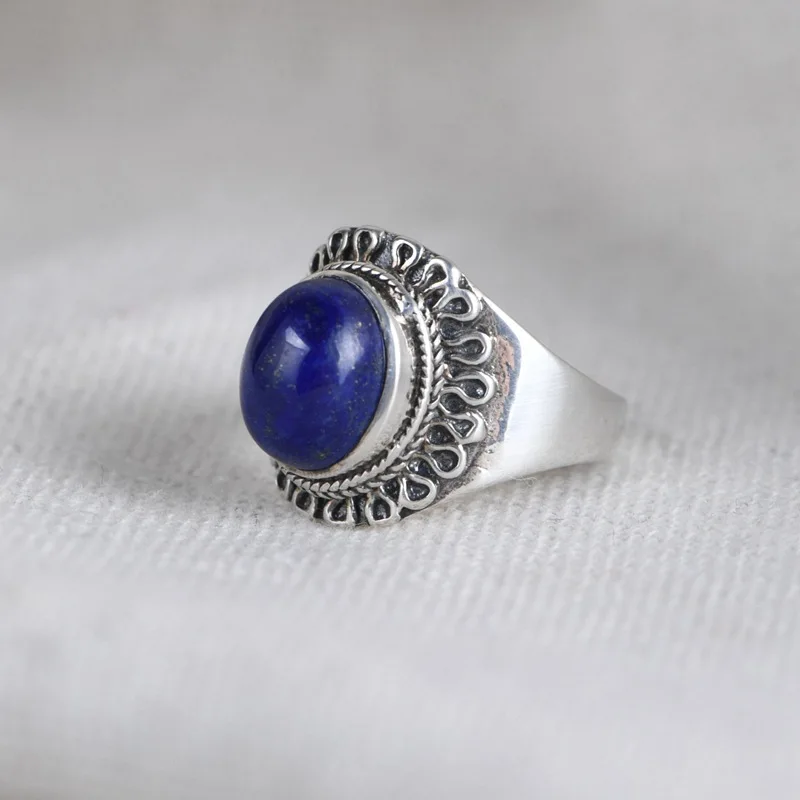 

FNJ 925 Silver Ring for Women Jewelry 100% Original Pure S925 Sterling Silver Rings Natural Lapis Lazuli Vintage